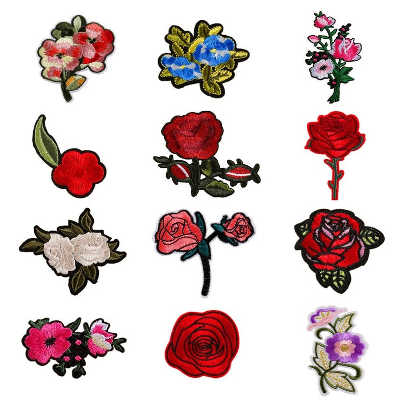 Zhiheng 12pcs Assorted Rose Embroidered Flower Patches Sew Iron on Floral Applique Motif - Image 1